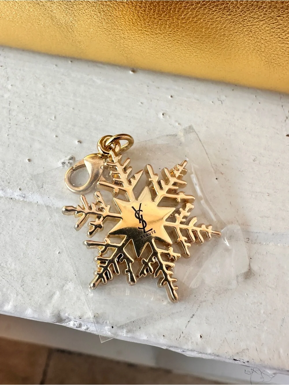 YSL Beauty Gold Makeup Bag Purse Insert Catch All w/ Detachable Snowflake Charm